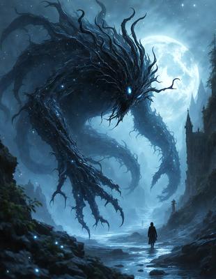 Primary subject: A large, dark, and spooky monster with long tentacles and a face with glowing eyes.

Setting/background: The monster is standing in front of a castle, with a moon in the background. The scene appears to be set in a dark, mysterious, and eerie environment.

Visual style: The image is a digital art or illustration, featuring a detailed and intricate monster design.

Colors and mood: The monster is predominantly dark